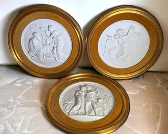 Round Greco-Roman Chalkware Plaques Framed Set of 3 ~ Gold Frame Velvet Matte ~ Bertel Thorvaldsen ~Mid Century Chalkware ~ VintageSouthwest