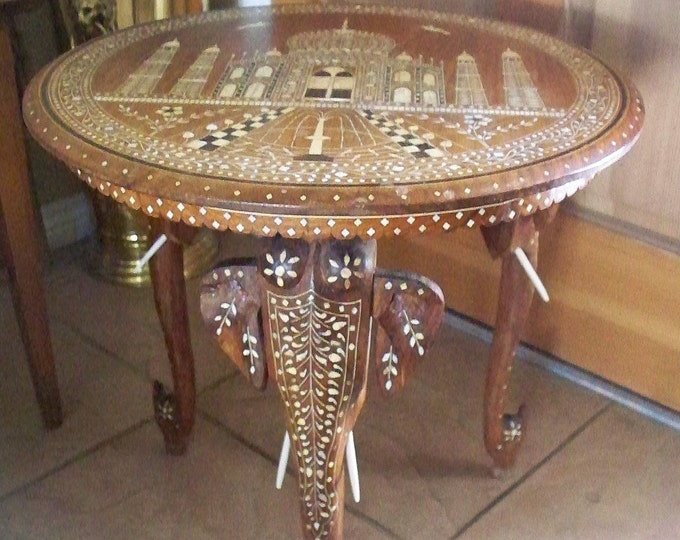 Antique INDIAN ELEPHANT Taj Mahal Motif Side Table Carved Inlaid Bone ...