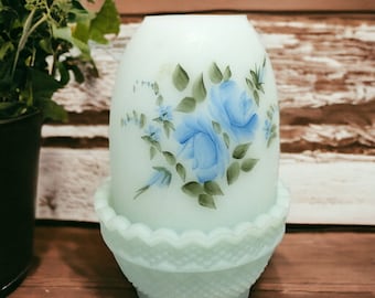 Fenton Fairy Lamp Satin Glass ~ Hand Painted Blue Roses Signed C Sue Johnson ~ Made in USA ~ Vintage Fenton Gifts ~ VintageSouthwest
