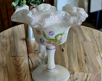 Fenton Art Glass Compote ~ Hand Painted by Mike Lemon Crimped Edges ~ Opalescent Iridescent Pearl Carnival Glass Dish ~ VintageSouthwest