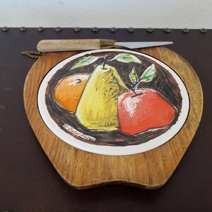 Fred Press Apple Shaped Fruit & Cheese Cutting Board With Knife / MCM Walnut Wood Cutting Board / Mid Century Kitchen /Vintagesouthwest