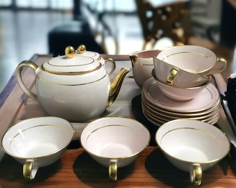 Sicas Sesto Fiorentino Pink Porcelain 22k Gold Tea Set ~ Made in Italy ~ 17 Pc - Teapot w Lid 6 Cups & Saucers Creamer Sugar Bowl w Lid
