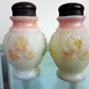 Consolidated Glass Salt & Pepper Shakers / Cosmos Flower Pattern / 1800&#39;s  Kitchen Decor / Edwardian Era Glass / Vintagesouthwest