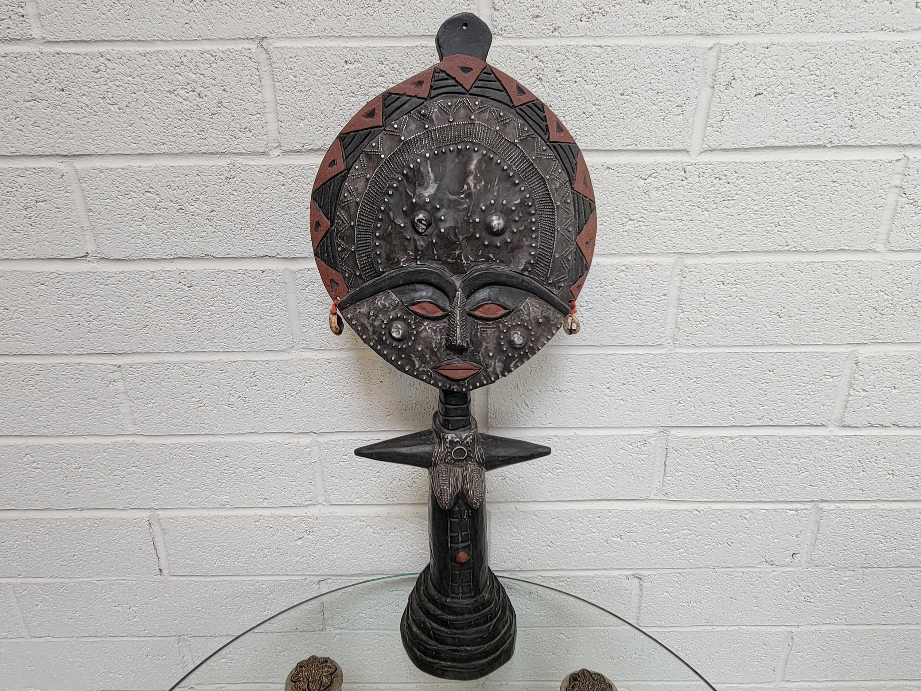 Carved African Folk Art Sculpture Metal and Wood Vintagesouthwest 23 Tall Hand Crafted Fertility Statue African Art
