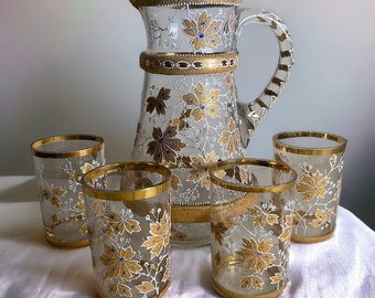Ornate Moser Enameled Barware Bohemian Glass Pitcher & 4 Glasses Set ~ Vintage Blown Glass Pitcher Set ~ Gold White Blue ~ VintageSouthwest