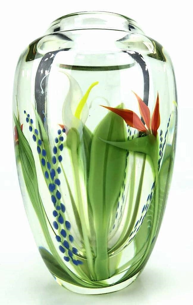 アメリカ　Orient & Flume Art Glass　フラワーベース Orient & Flume Art Glass Paperweight Vase / Calla Lilly Bird