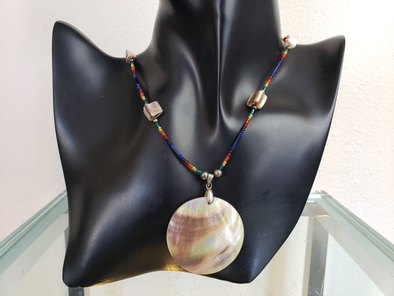 Abalone Pendant Necklace / Rainbow Glass Bead Nec… - image 1