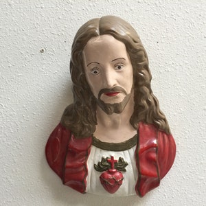 Mid Century Sacred Heart of Jesus Hanging Chalkware ~ 1960s Hand Painted Religious Catholic Art ~ VintageSouthwest
