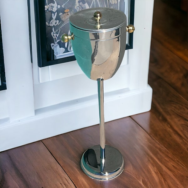 1950s Champagne Ice Bucket Stand Aluminum Art Deco Barware Wine Bottle Chiller ~ 31" Mid Century Ice Bucket Stand w Lid ~ VintageSouthwest