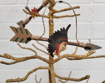 Native American Chief Arrow Christmas Ornaments / Set of 7 Hanging Ornaments / Wood & Metal Christmas Tree Ornaments / VintageSouthwest