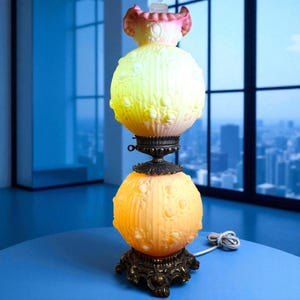 Large Fenton GWTW Art Glass Lamp ~ 30&quot; Burmese Glass Lamp ~ MCM Embossed Cabbage Rose~ Inner Lights & Top Light Lamp ~ Please Read Desc