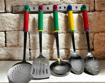 Colorful Kitchen Utensils Set of 5 & Wall Hanger ~ Vintage Plastic Handles Stainless Steel Serving Cooking Utensils ~ VintageSouthwest