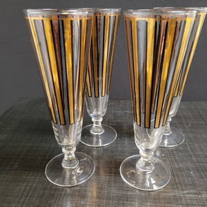Culver Barware Pilsner Glasses Set of 4 ~ Bandbox Pattern 22K Gold & Black Vertical ~ Mid Century Barware Gifts ~ Vintagesouthwest