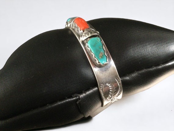 Wayne Cheama Zuni Turquoise & Coral Cuff Bracelet… - image 4
