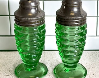 1930s Hazel Atlas Salt & Pepper Shakers ~ Vintage Green Depression Era Glass Block Optic Pattern Hazel Atlas 3530 Shakers ~ VintageSouthwest