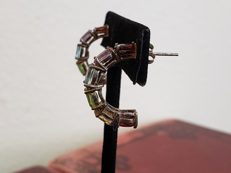 Birthstone Semi Hoop Earrings Sterling Multi Stone Earrings Tourmaline Amethyst Blue Spinel Peridot Vintage Jewelry Vintagesouthwest