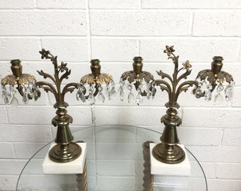 Art Deco Candelabras With Prisms~ Exquisite Home Decor ~ Floral Design & Hanging Prisms ~ VintageSouthwest