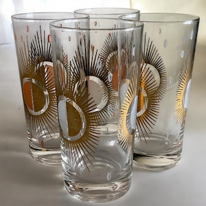 Fred Press Barware Atomic Starburst Highball Glasses Set of 4 ~ Mid Century Modern 12oz Gold Cocktail Glasses ~ VintageSouthwest
