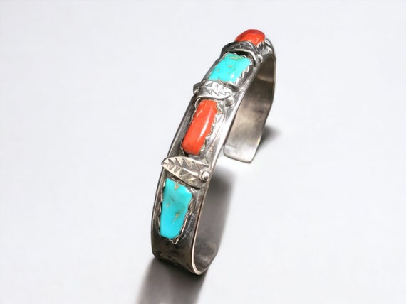 Wayne Cheama Zuni Turquoise & Coral Cuff Bracelet… - image 2