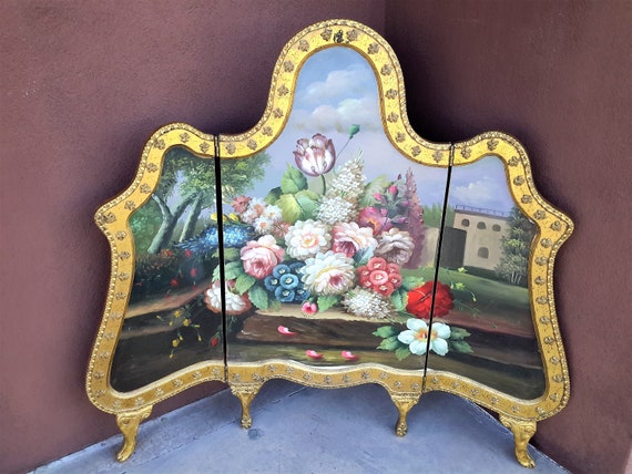 Gold Gilded Wood Fireplace Screen Hand Painted Floral Scene Etsy