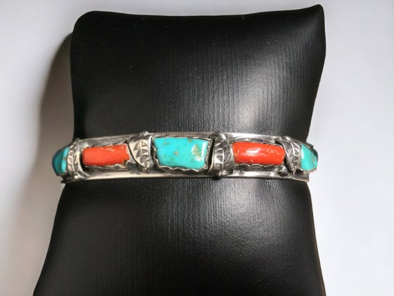 Wayne Cheama Zuni Turquoise & Coral Cuff Bracelet… - image 3