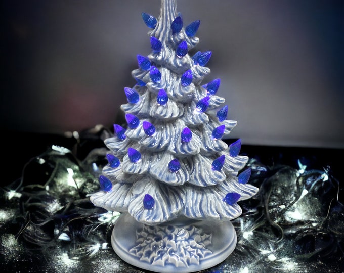 Blue Ceramic Christmas Tree W Lights Vintage 9 1/2 Ceramic Christmas