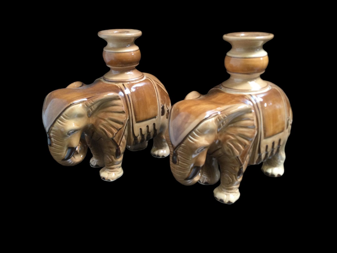 Fitz & Floyd Elephant Candlestick Holder Pair Vintage 7 1/2 Glazed