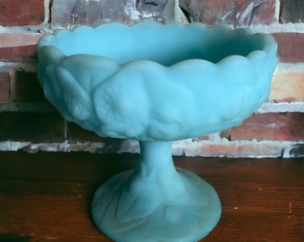 Fenton Blue Satin Glass Pedestal Bowl Compote ~ Mid Century Fenton Glass ~ 5 1/2" Water Lily Design Glass Candy Bowl ~ VintageSouthwest