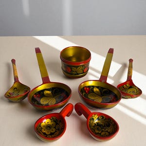 Golden Khokhloma Spoons Bowl Set 7 Pc ~ Vintage Hand Painted Russian Folk Art ~ Made in USSR ~ Wood Ladles, Spoons, Scoops, Bowl Set