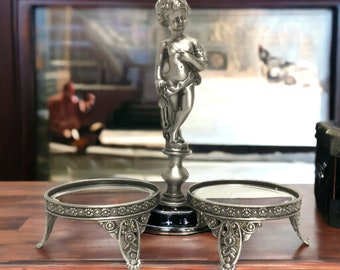 Fenton Pewter Cupid Double Fairy Lamp Holder ~ Winged Cherub w Bow & Arrows ~ Beveled Mirror Holders ~ Vintage Fenton ~ VintageSouthwest