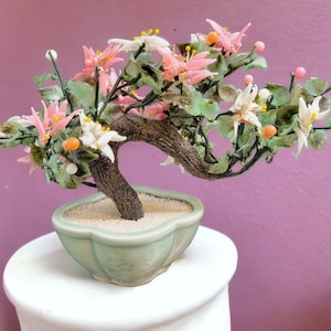 Japanese Jade & Gemstone Bonsai Tree w Pink Yellow Flowers ~ Vintage Asian Decor ~ Pink Ceramic Container ~ Plz Rd Desc ~VintageSouthwest