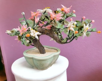 Japanese Jade & Gemstone Bonsai Tree w Pink Yellow Flowers ~ Vintage Asian Decor ~ Pink Ceramic Container ~ Plz Rd Desc ~VintageSouthwest