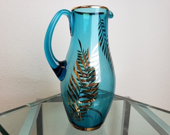 Mid Century Glass Pitcher / Turquoise Blue Blown Glass Gold Fern Leaf / Blown Glass Decorative Pitcher / Turquoise Kitchen /Vintagesouthwest