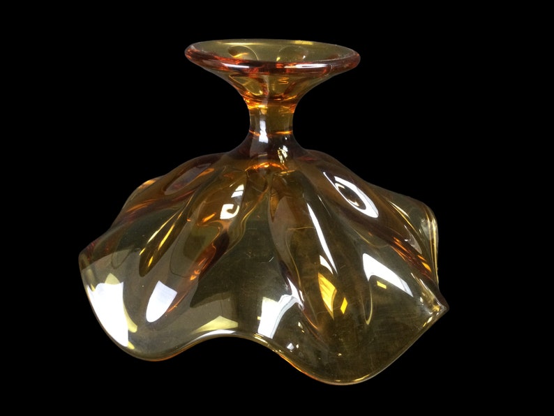 Viking Glass Amber Compote ~ Mid Century Modern 6 Petal Crimped Glass Pedestal Fruit Candy Bowl ~ American Art Glass ~ VintageSouthwest image 5