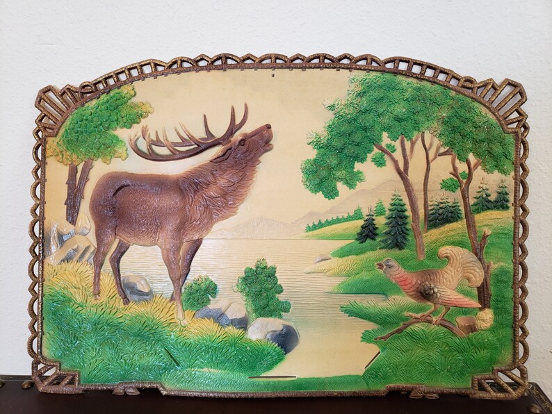 German Die Cut Calendar Topper / Moose Forest Scene / 3D Embossed W. German Die Cut 19 X 15 / Advertising Calendar / Vintagesouthwest image 6