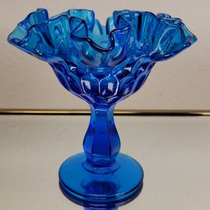 Fenton Peacock Blue Glass Compote Bowl / Mid Century Glass / Thumbprint Glassware / Vintage Blue Glass Candy Dish / VintageSouthwest
