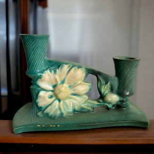 Roseville Pottery Peony Candle Holder 1153 ~ Vintage 1940s Green Art Pottery ~ 5&quot; H x 7 1/2&quot; W Trad American Home Decor ~ VintageSouthwest