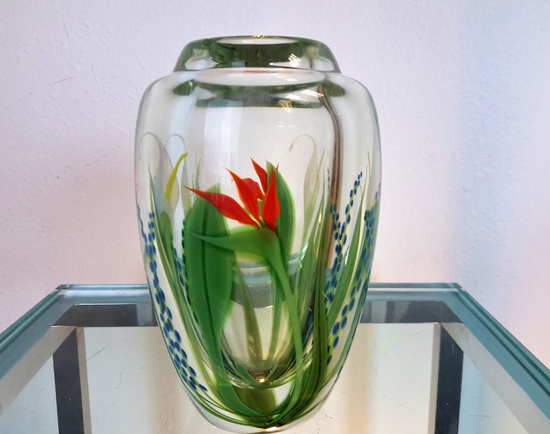 アメリカ　Orient & Flume Art Glass　フラワーベース Artisan Signed Orient & Flume Iridescent Floral Blue Art