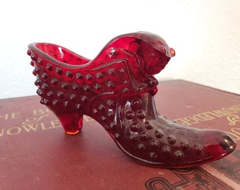 Fenton Cat Ruby Red Glass Slipper / Ruby Red Hobnail Glass Boot / Fenton Glass Collectibles / Vintage Fenton Cat Boot / Vintagesouthwest