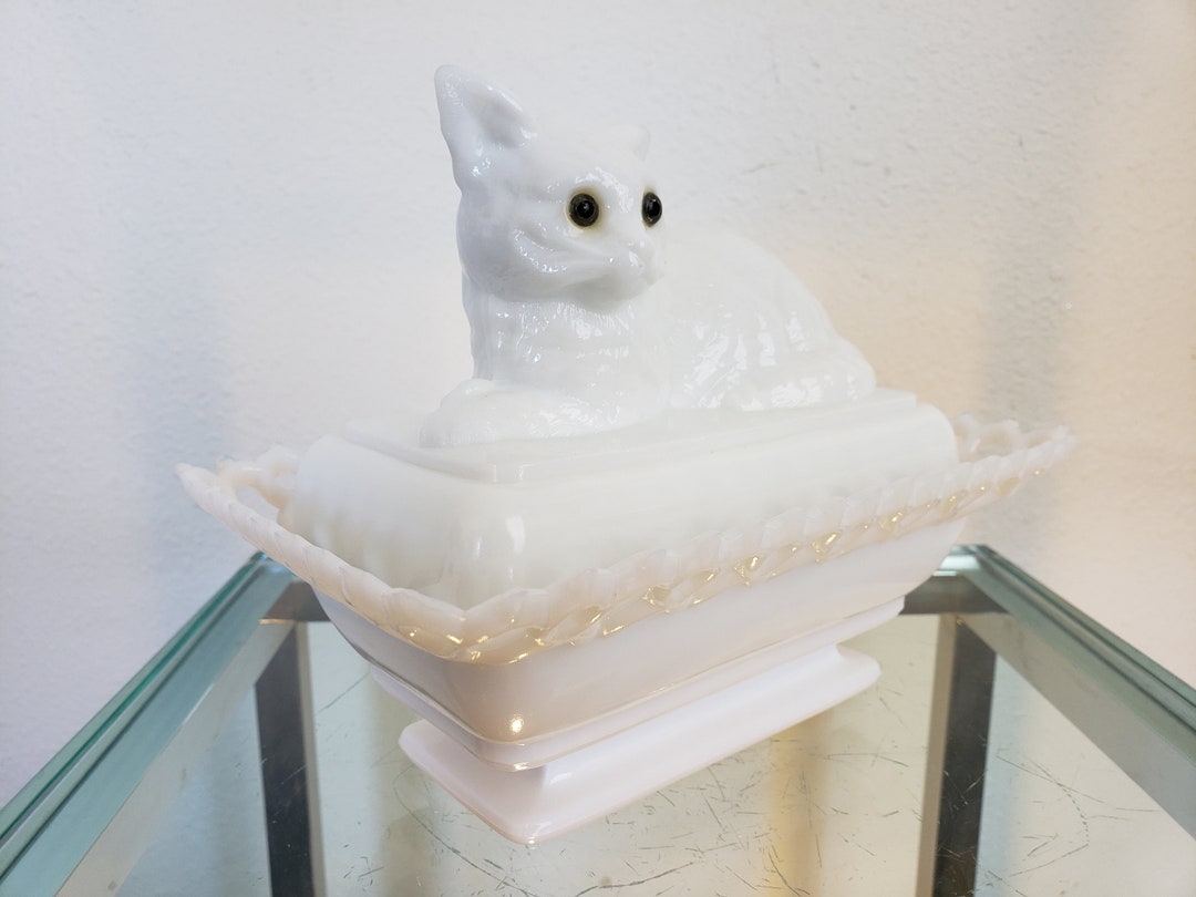 Westmoreland Cat Candy Dish / Milk Glass Lace Trim / Blue Gray Etsy