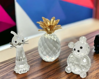 Swarovski Crystal Figurines Set of 3 ~ Vintage 2" Crystal Sculptures ~ Cat, Teddy Bear, & Pineapple ~ Collector Art Glass ~VintageSouthwest