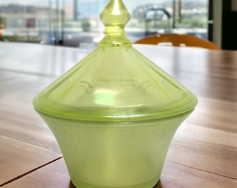 Fenton Glass Lidded Bowl ~ Vintage Fenton Uranium Vaseline Glass Candy Apothecary Bowl ~ Uranium Glow UV ~ Plz Read Desc ~ VintageSouthwest