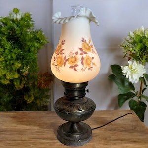 MCM Fenton Satin Glass Lamp ~ Vintage 21&quot; Hand Painted Signed Floral Motif Hurricane Lamp w Crimped Edges ~ Hammered Brass Oil Lamp Base