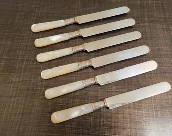 Antique Shreve & Co Mother of Pearl Handle Sterling Silver Butter Knife Set of 6 ~ Antique Cutlery Flatware ~ VintageSouthwest