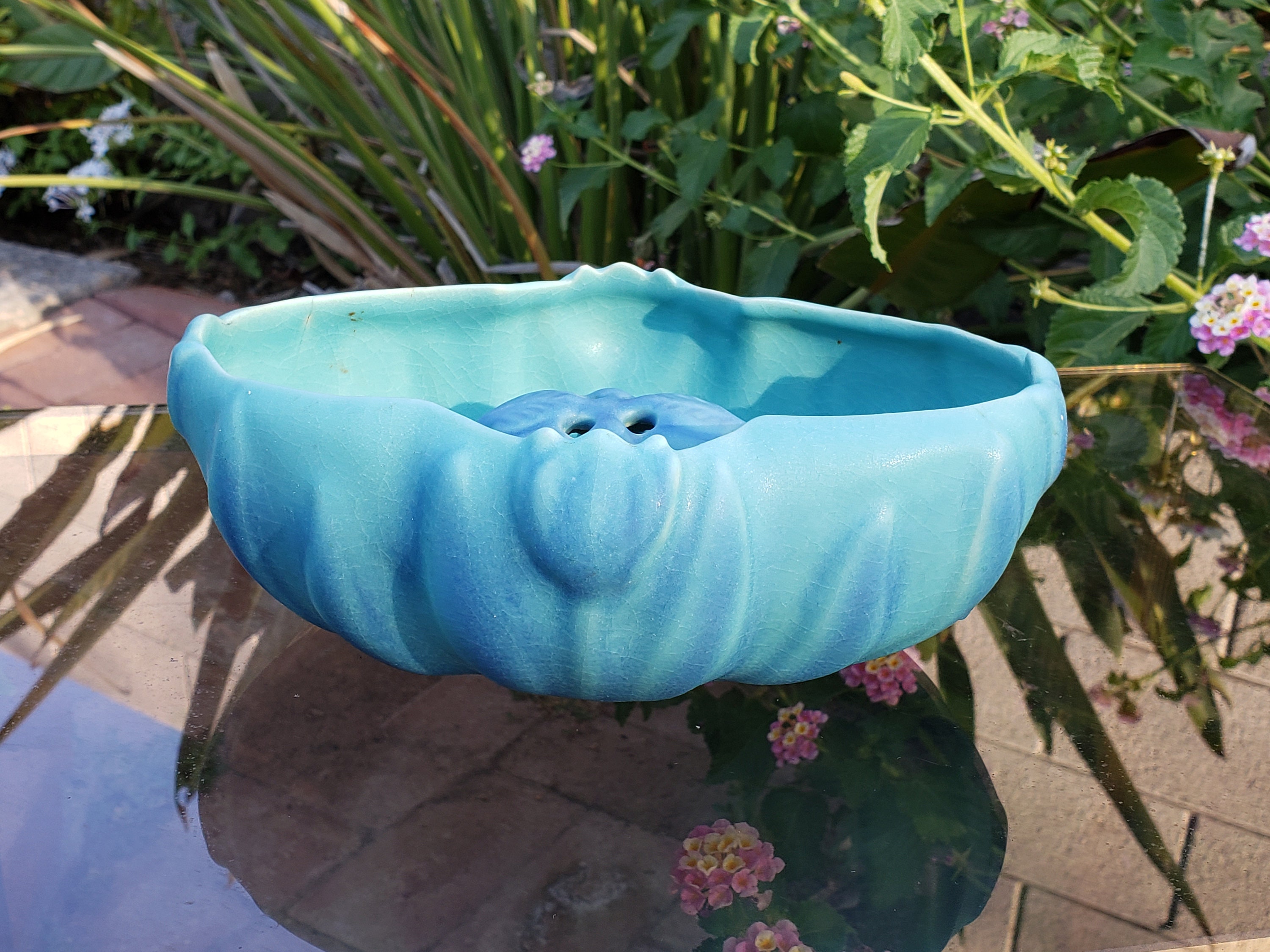 Van Briggle Pottery Ming Blue / Tulip Planter Bowl With Flower