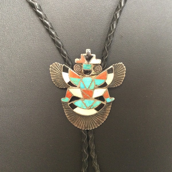 Zuni Knifewing Bolo Tie ~ Inlaid Turquoise, Corel, Mother of Pearl & Jet ~ New Leather Cord and Sterling Silver Tips ~ VintageSouthwest