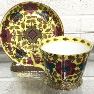 Royal Vienna Tea Cup & Saucer ~ Bright Yellow With Floral Berry Design ~ Hand Painted Beehive Mark Antique China Porcelain ~Vintagesouthwest