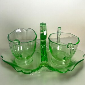 Uranium Depression Glass 3 Pc Creamer Sugar Bowl & Caddy ~ Vintage Green Glass Serving Set ~ Glows Under UV Light ~ 1930s Coffee or Tea Set