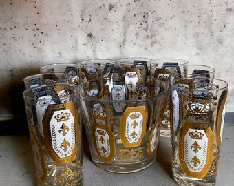 Mid Century Barware Set w Ice Bucket & 8 Highball Glasses ~ 22k Gold White Enamel Crown Fleurs des Lis ~ 12oz Glasses ~ VintageSouthwest