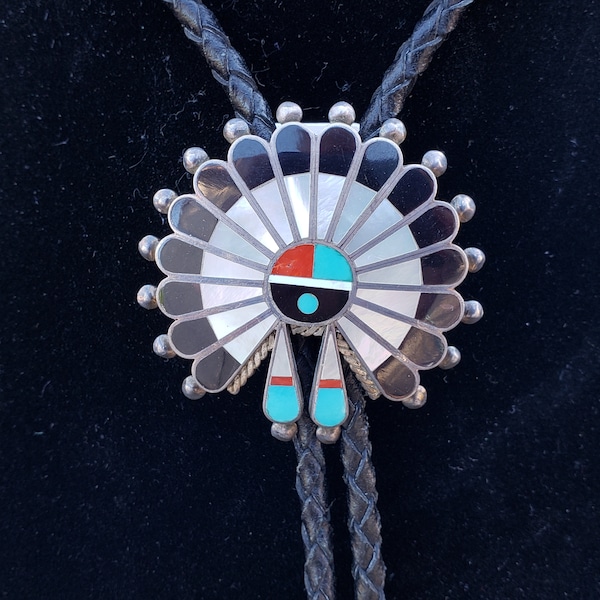 Zuni Bolo Tie / Sunface With Headdress Turquoise Coral Jet Mop / Southwestern Wear Shirt Accessory / Native American Bolo Ties